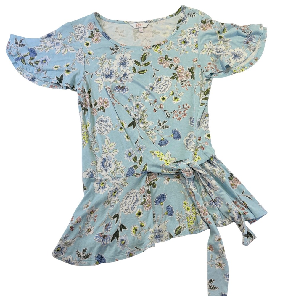 Candies Womens Floral Peplum Blue Short Sleeve Wrap Side Tie Blouse Small 1003